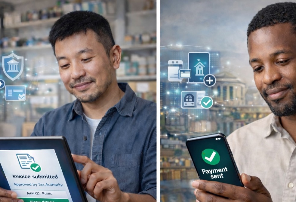 Business owner submitting invoice through tablet with tax authority approval